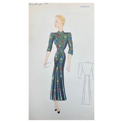 1930's Original Parisian Fashion Illustration Watercolor Black Oriental Dress