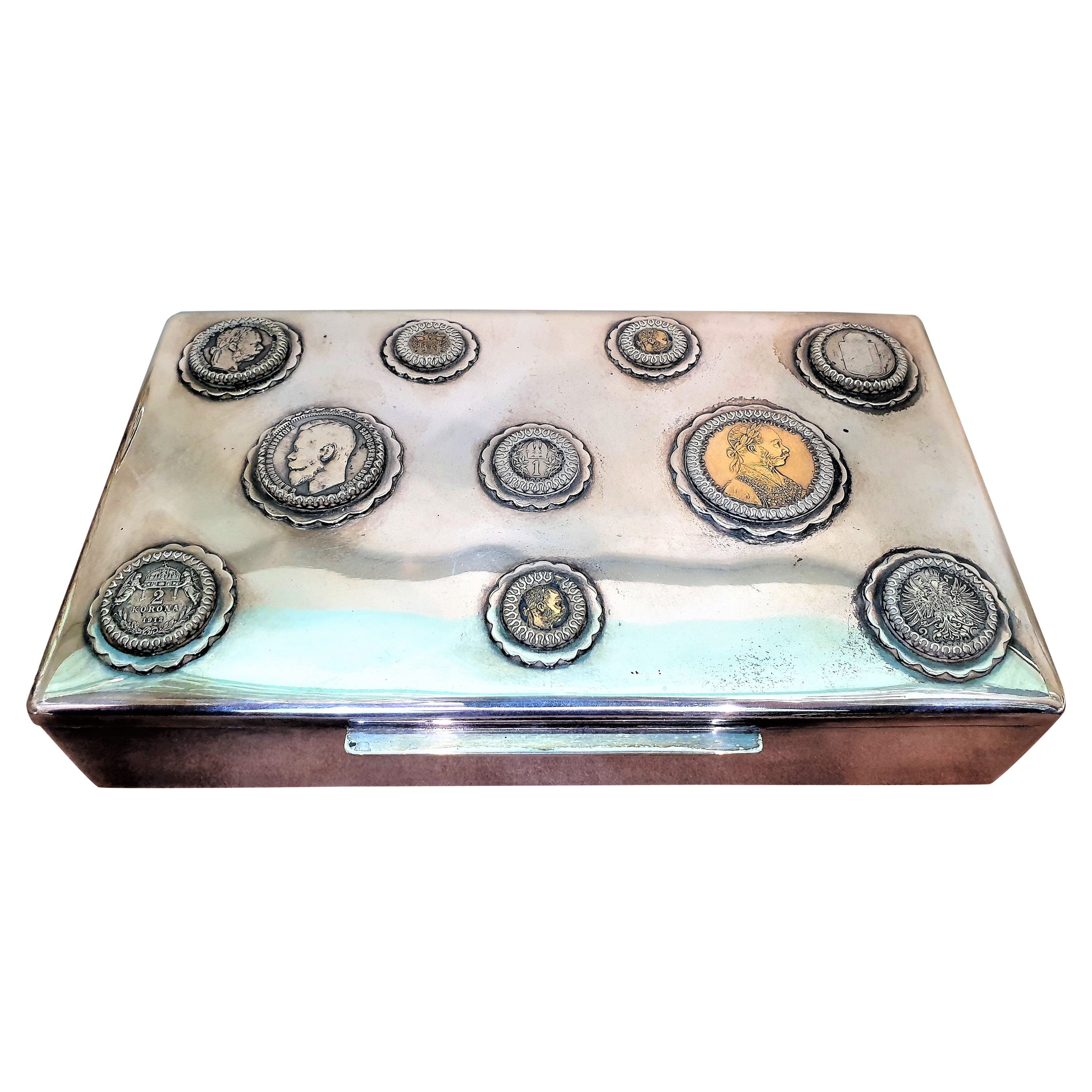 20th Century Silver Cigar Box with Silver and Gold Coins, Austria For Sale