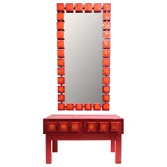 Vintage 1960s Mid-Century Swedish Modern 'Pop Art' Wall Mirror with Chest in Red