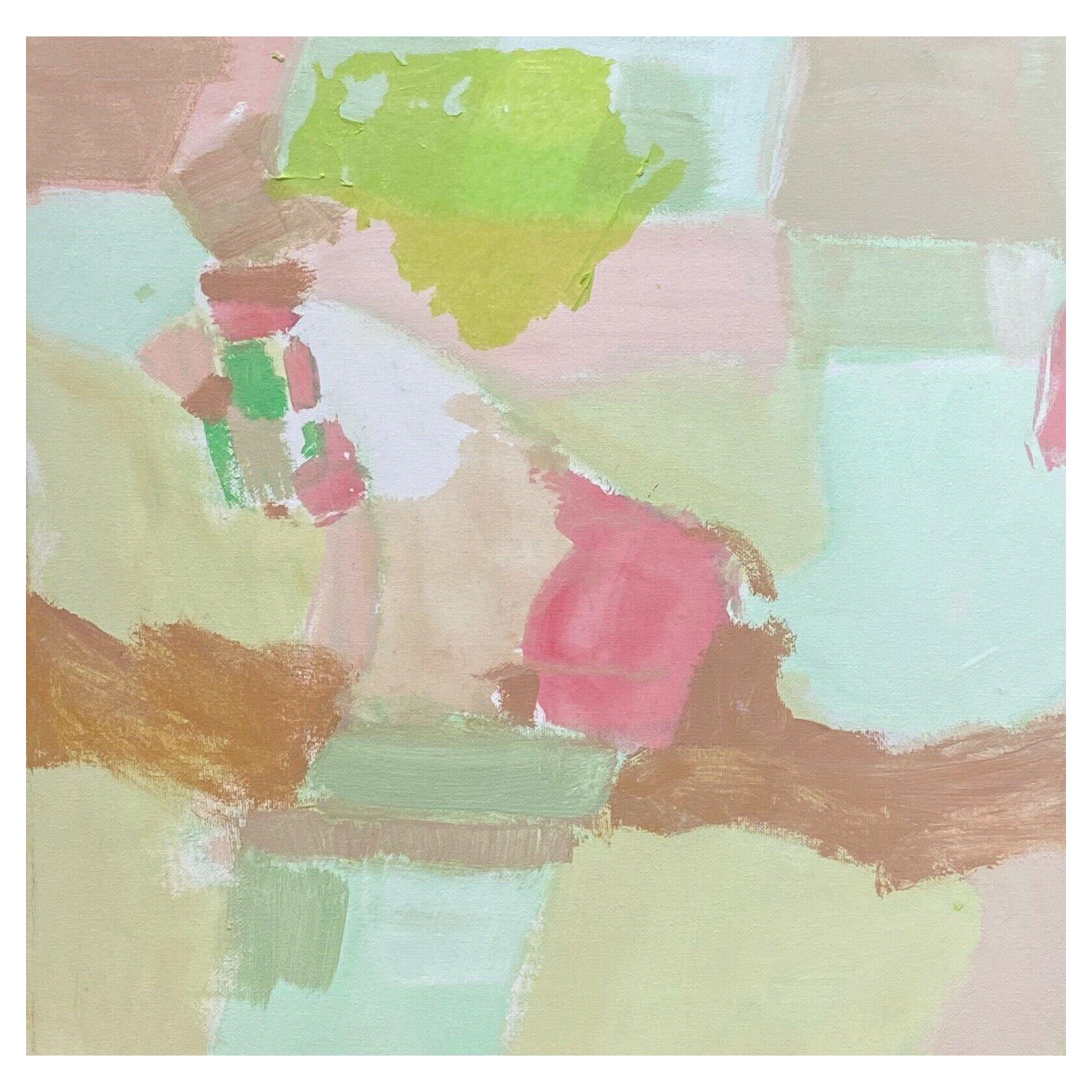 Roses pastel et couleurs vertes, peinture cubiste abstraite contemporaine française