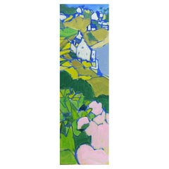 Peinture cubiste contemporaine française de Leroy, paysage vert, rose et bleu