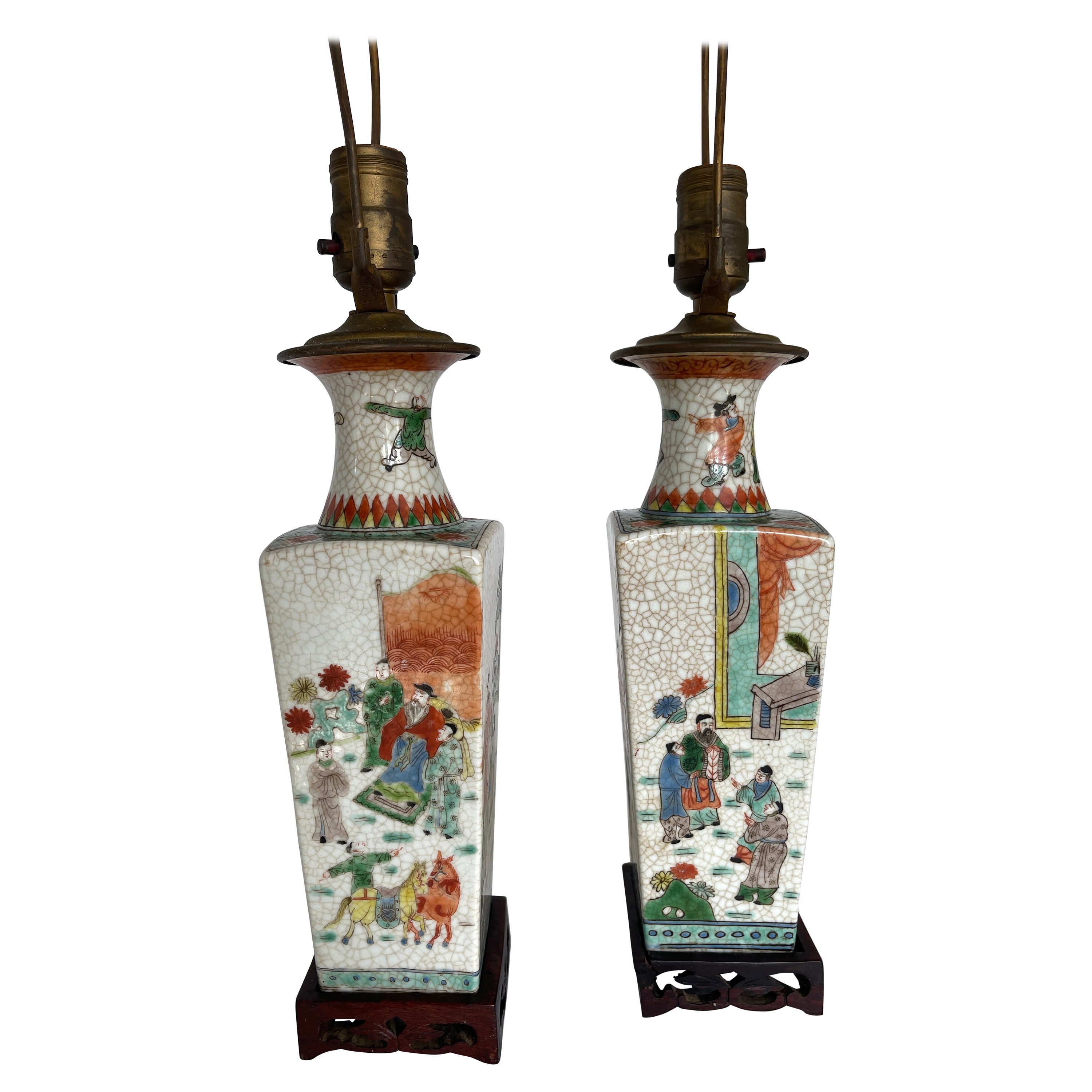 Pair of 19th Century Famille Verte Chinese Export Crackle Ware Vase Lamps