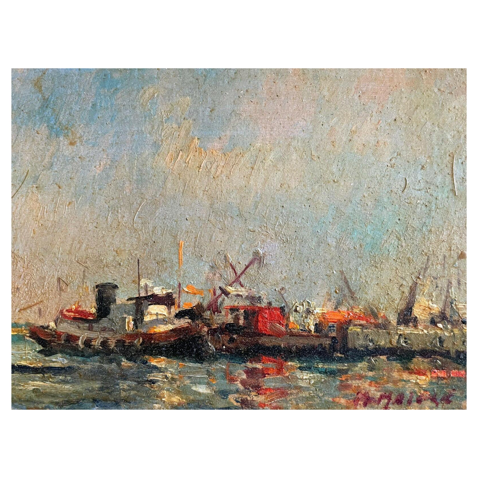 Maurice Mazeilie, French Impressionist Signed Oil, Boats Moored off a Jetty For Sale