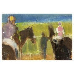 Rene Leroy, French Modernist Oil Painting, Racehorses/ Jockeys in the Paddock