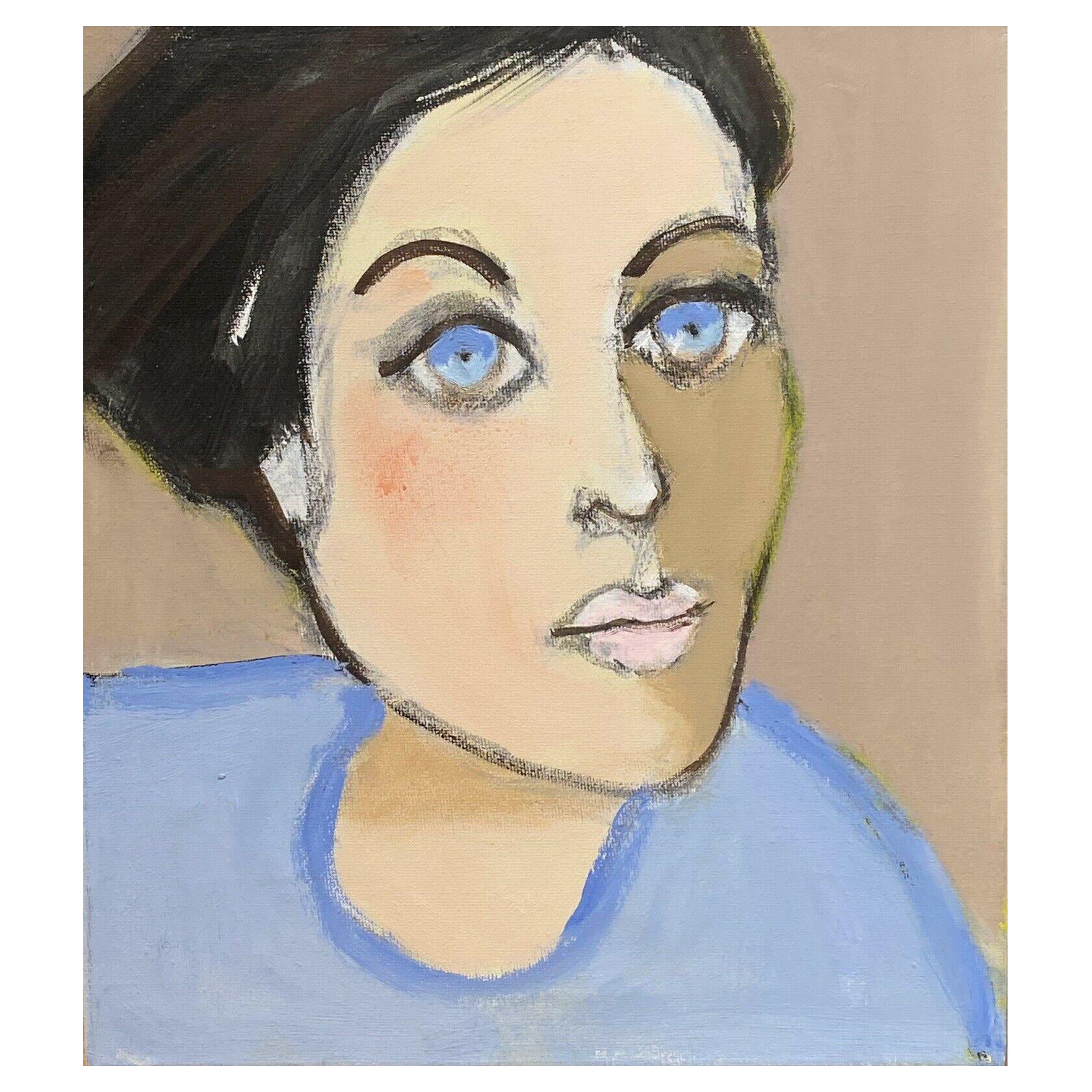 Rene Leroy, peinture à l'huile contemporaine française, portrait d'une femme en bleu