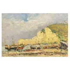 Huile impressionniste française de Maurice Mazeilie, Busy Beach Coastal Fishing Boats