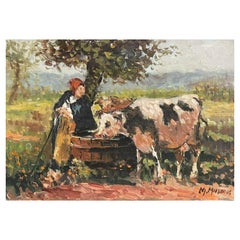 Vintage Maurice Mazeilie French Impressionist Signed Oil Dairy Maid with Cattle Drinking