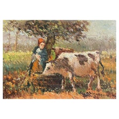 Maurice Mazeilie French Impressionist Signed Oil, Cattle Watering Under Tree