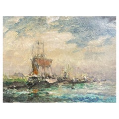 Maurice Mazeilie, French Impressionist Oil, Tall Sailing Boats off the Coast