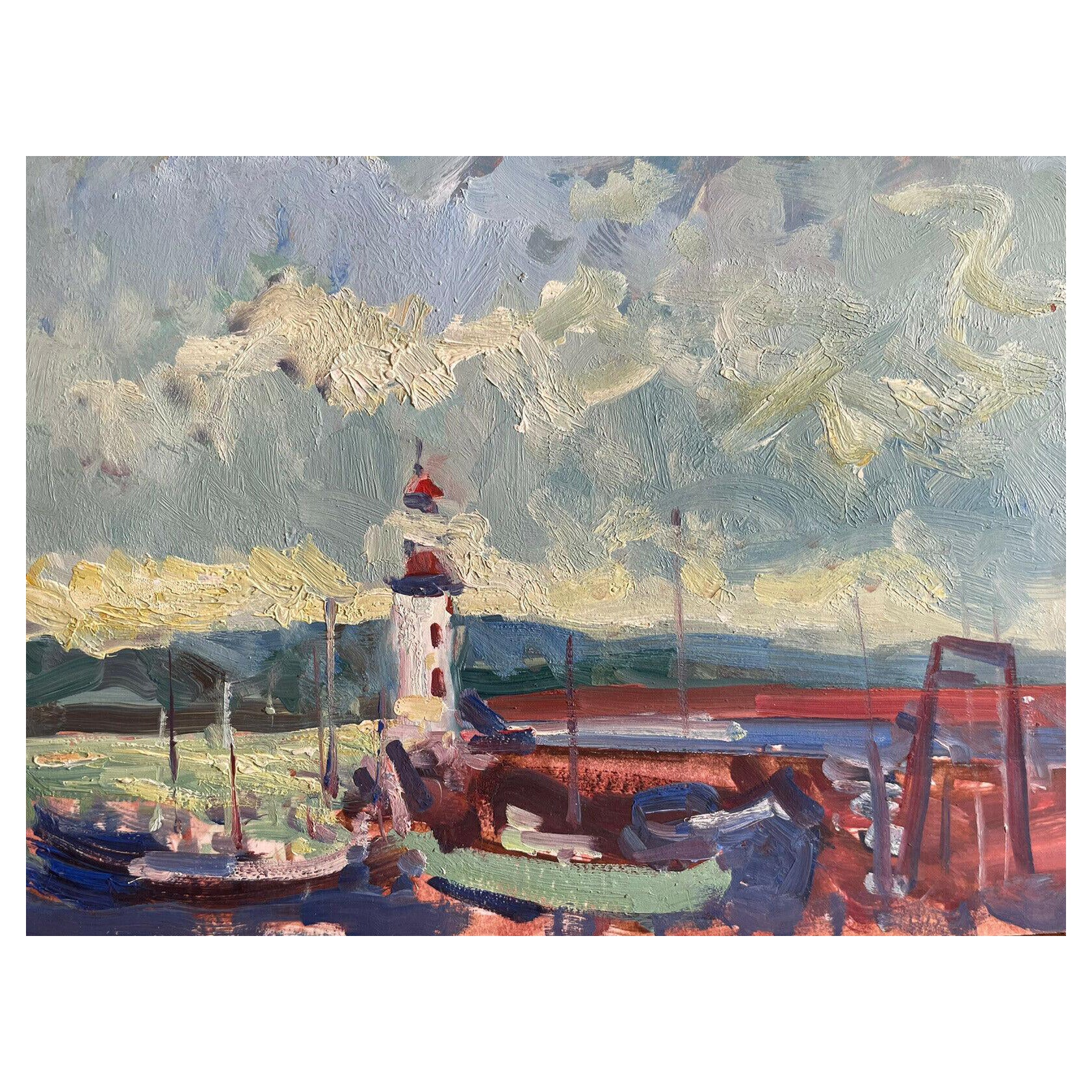 Huile impressionniste française signée Maurice Mazeilie, phare du port de Bretagne