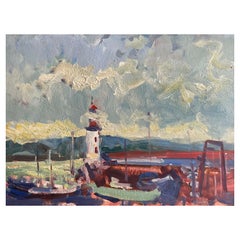 Maurice Mazeilie, French Impressionist Signed Oil, Brittany Harbour Lighthouse