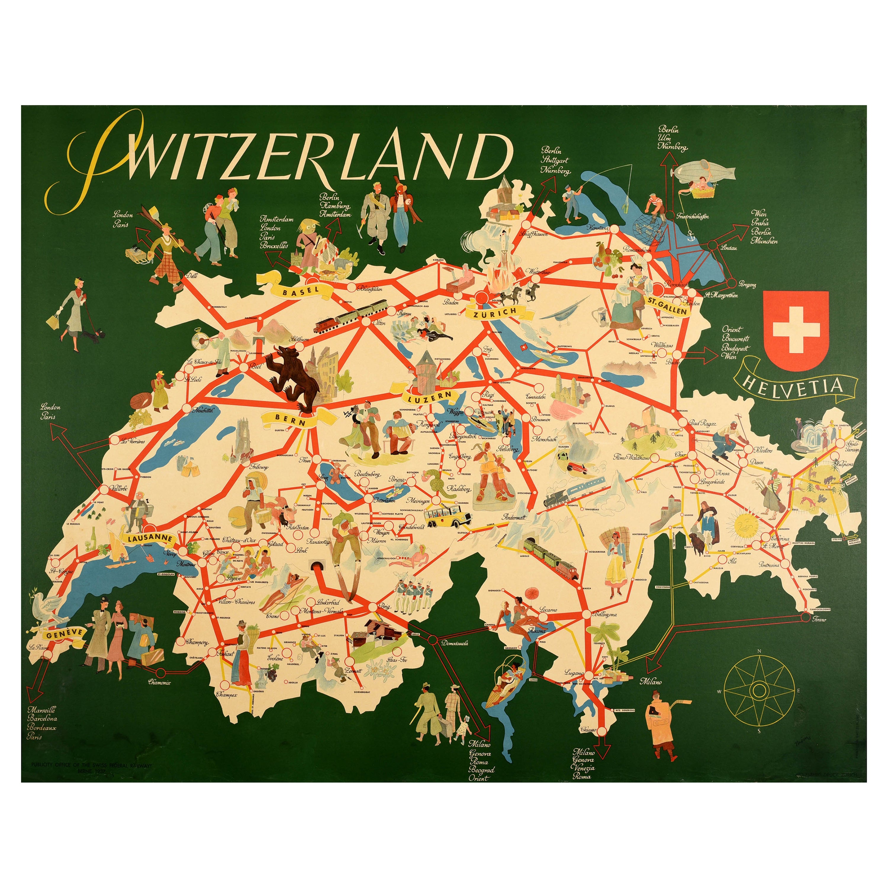 Original Vintage Illustrated Map Poster Switzerland Railway Travel Sport Nature