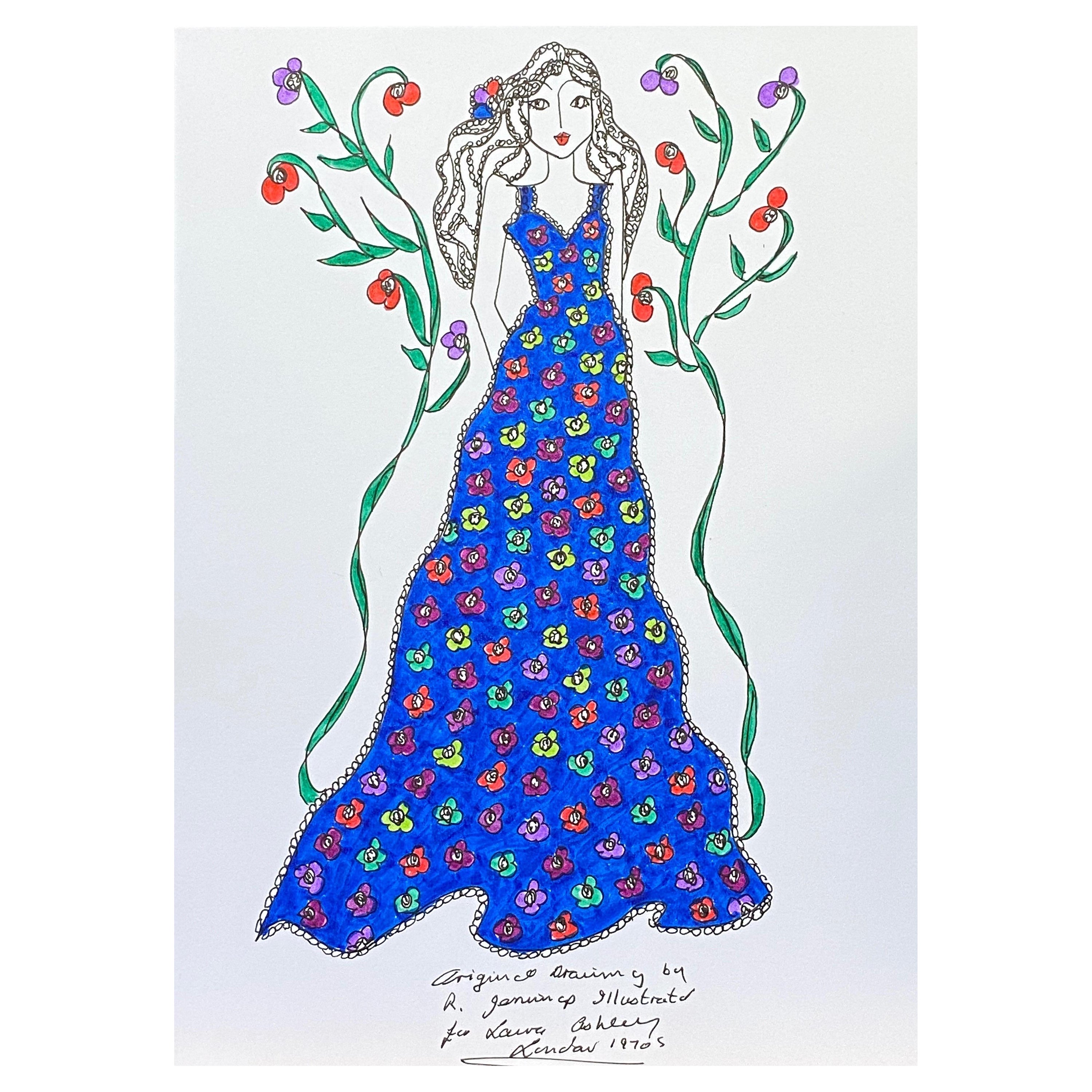 Original Fashion Design Illustration Watercolor Painting Laura Ashley Designer For Sale