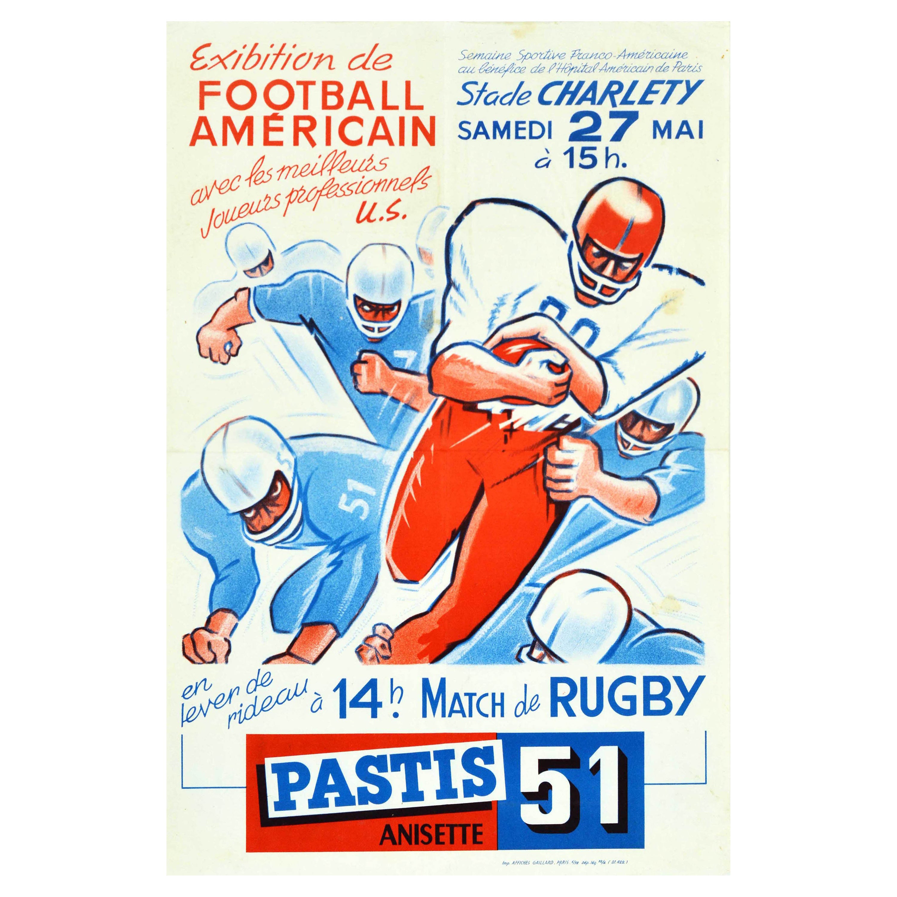 Original Vintage Sport American Football Exhibition Rugby Pastis Drink Ad For at 1stDibs | posters for players, vintage american football posters