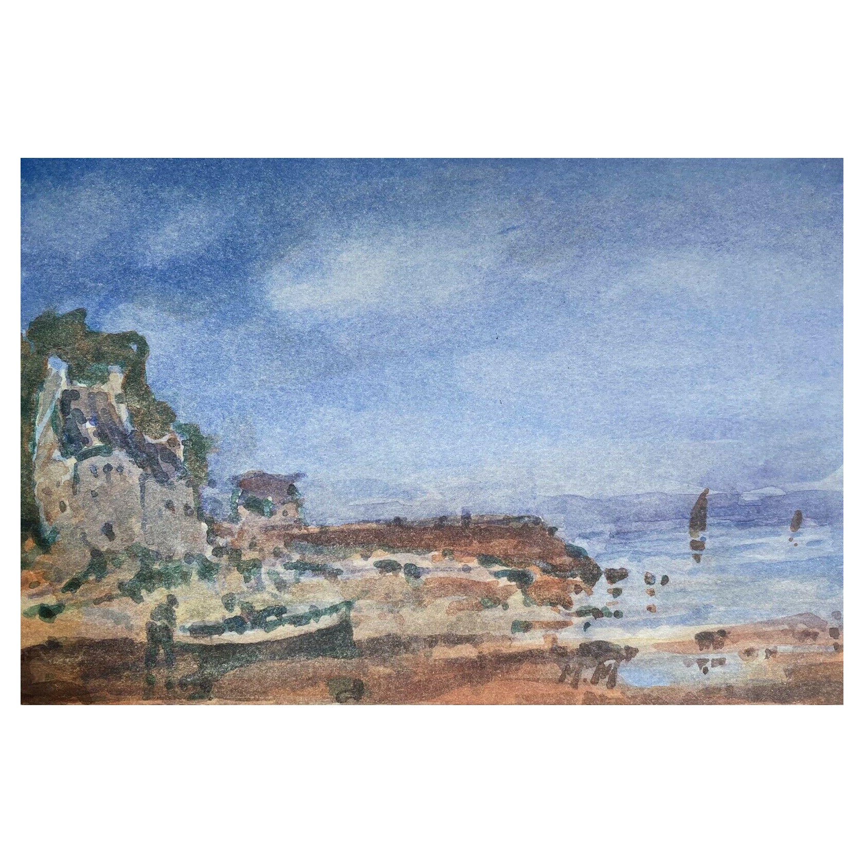 French 20th Century Impressionist Painting Rocky Coastline with Boats & Figure For Sale
