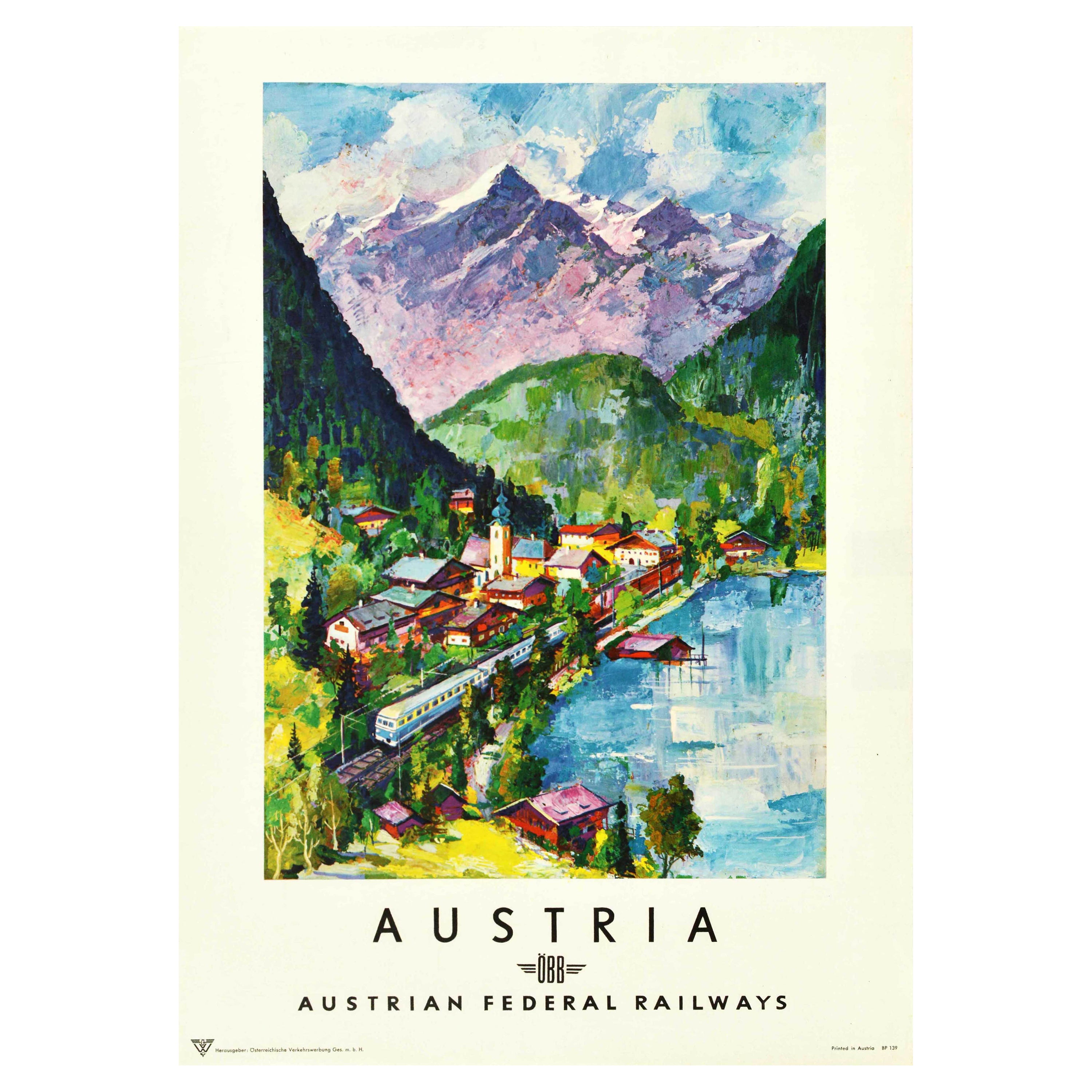 Original Vintage Railway Poster Austria Alps Village Lake OBB Train Travel Art