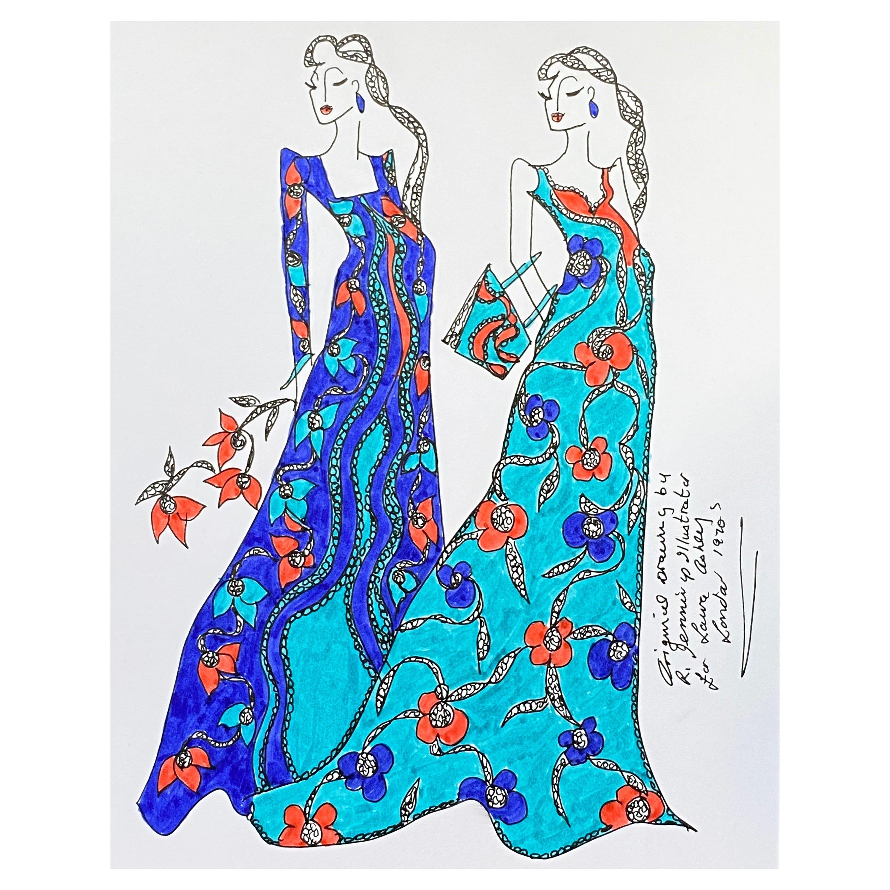 Disegno di moda originale Illustrazione ad acquerello Laura Ashley Designer in vendita