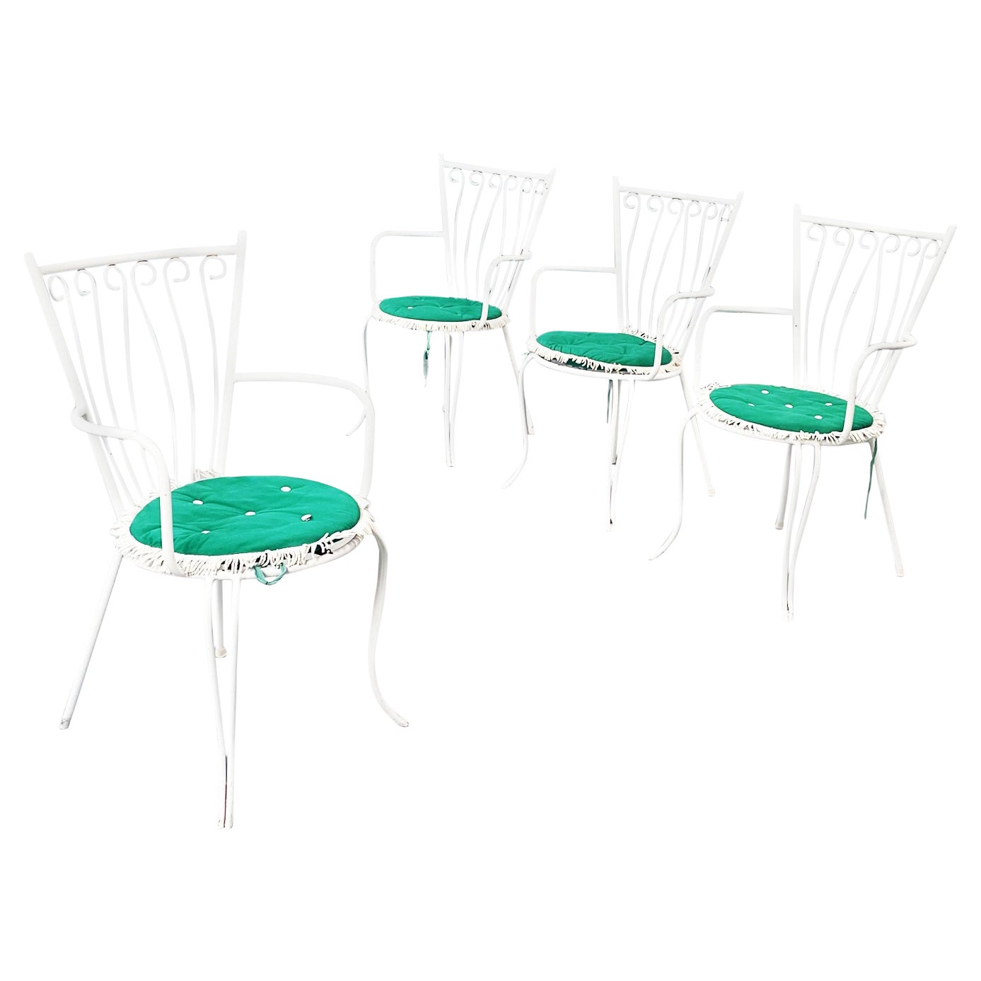 Italian Mid-Century Garden Chairs in White Wrought Iron and Green Fabric, 1960s For Sale