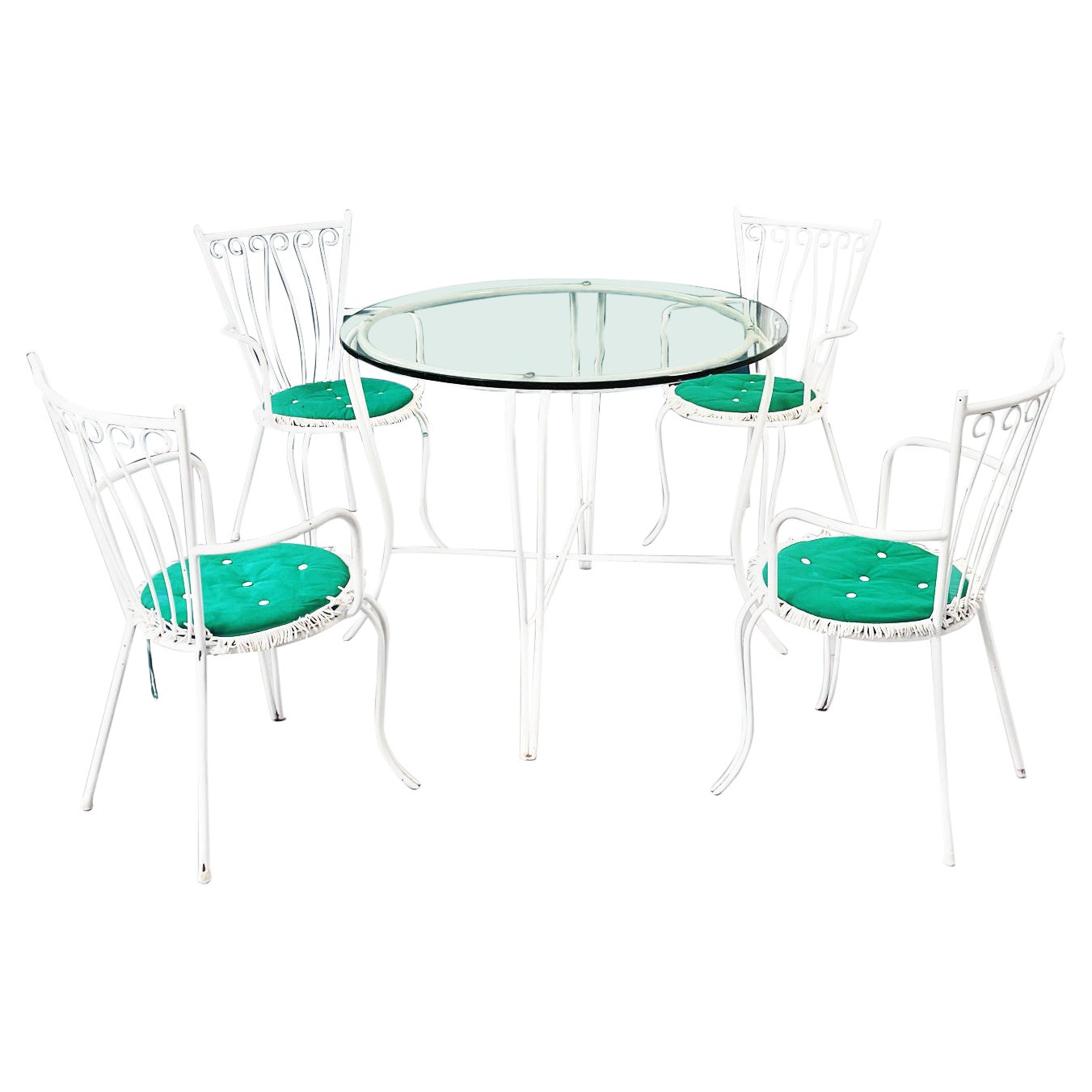 Italian Mid-Century Garden Chairs Table in White Iron, Glass and Fabric, 1960s