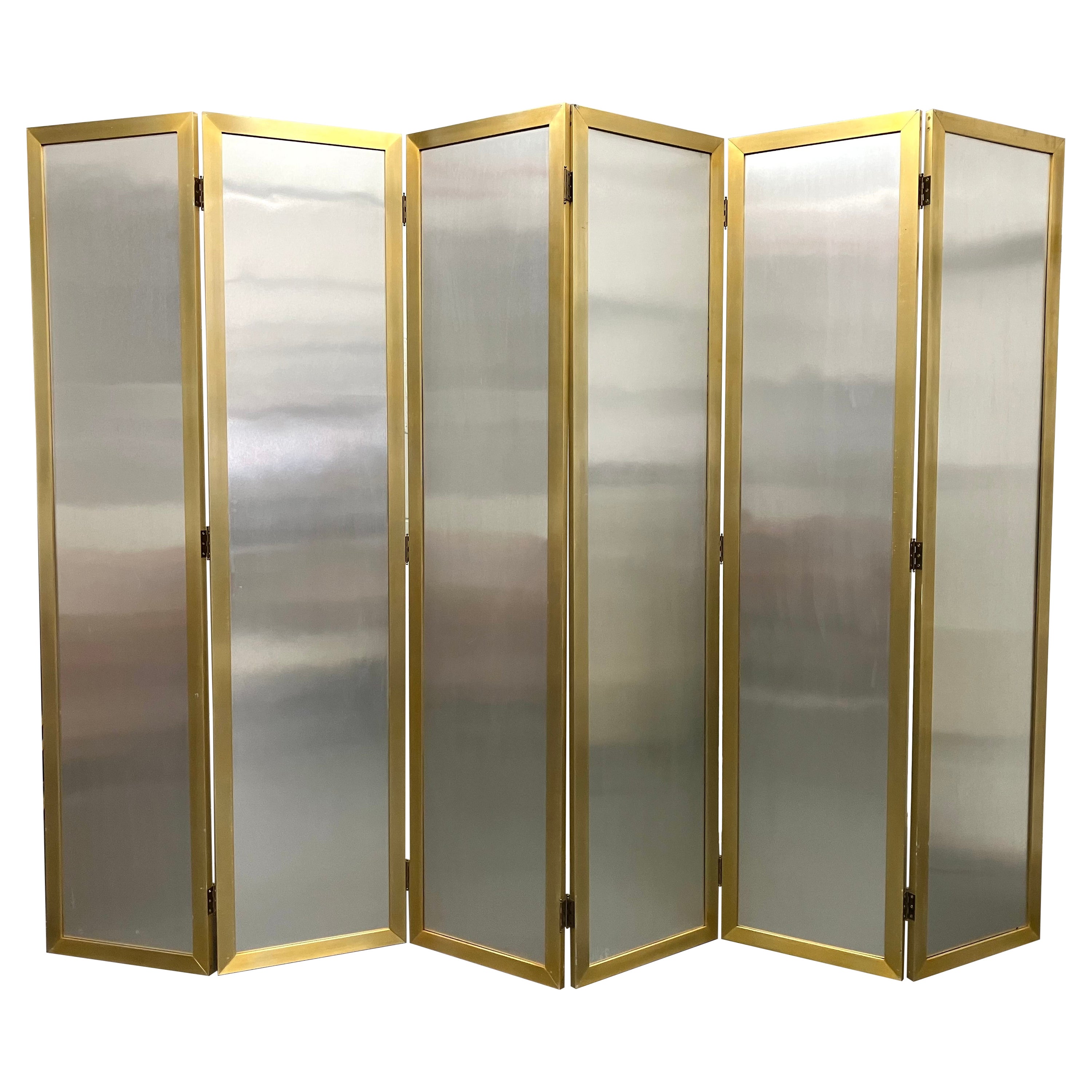 Tall Vintage Brass and Brushed Aluminum 6-Panel Screen For Sale