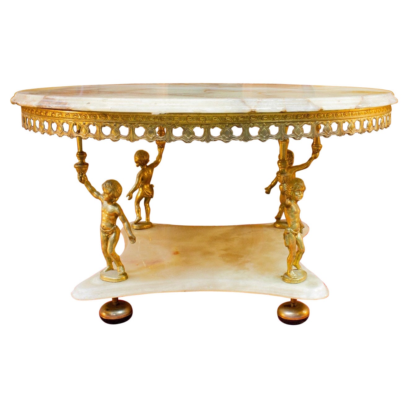  Baroque Style Coffee Table with Marble and Golden Brass 20th Century