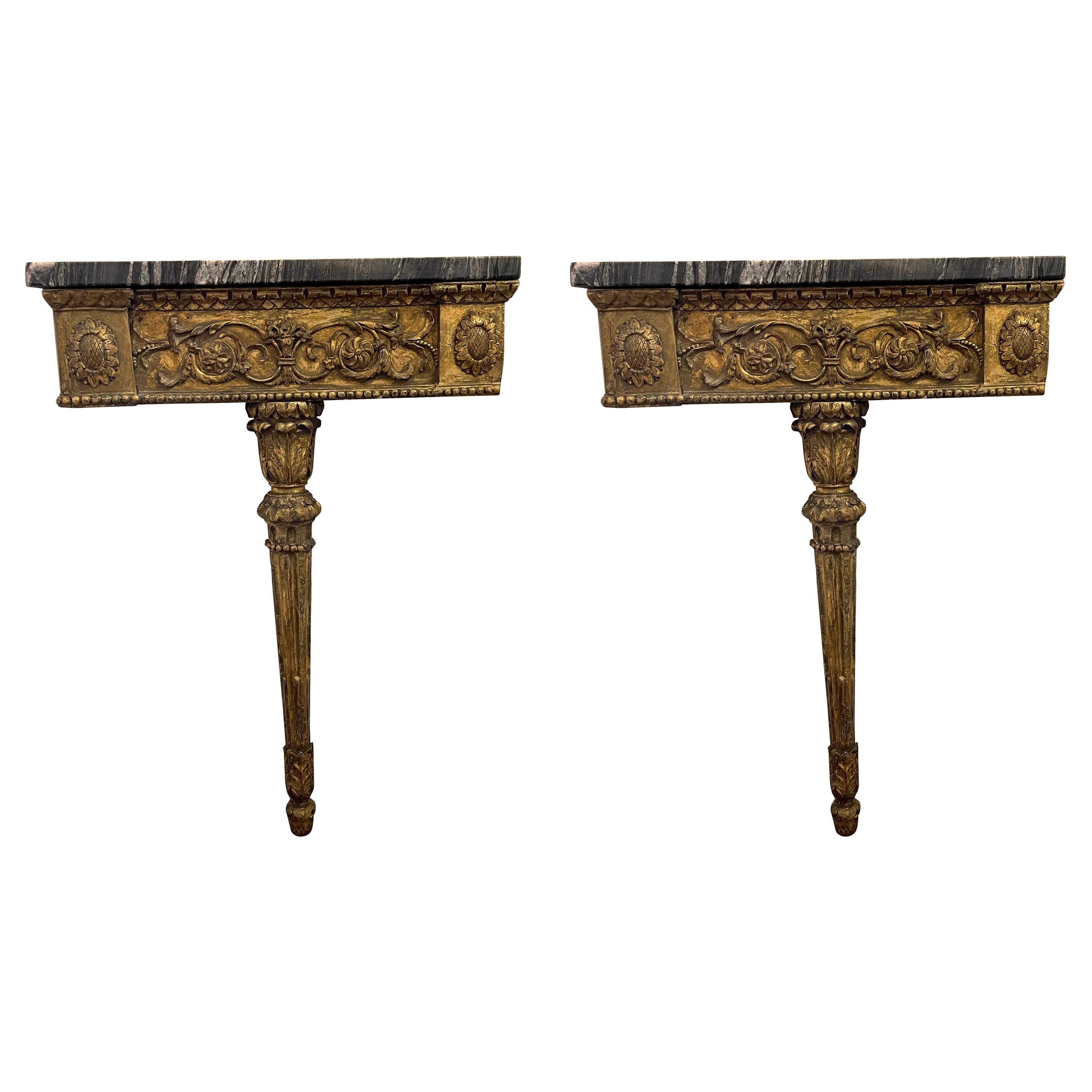 Antique Continental Gilt Mounted Corner Tables  with Black and Gold Marble Top