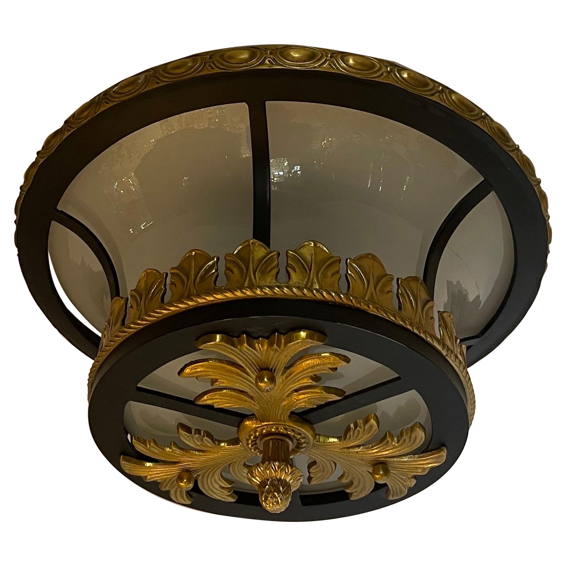 Wonderful French Iron Ormolu Bronze Frosted Glass Flush Mount Ceiling Fixture