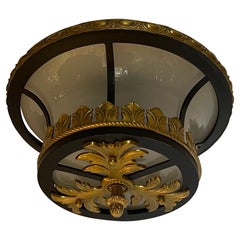 Wonderful French Iron Ormolu Bronze Frosted Glass Flush Mount Ceiling Fixture