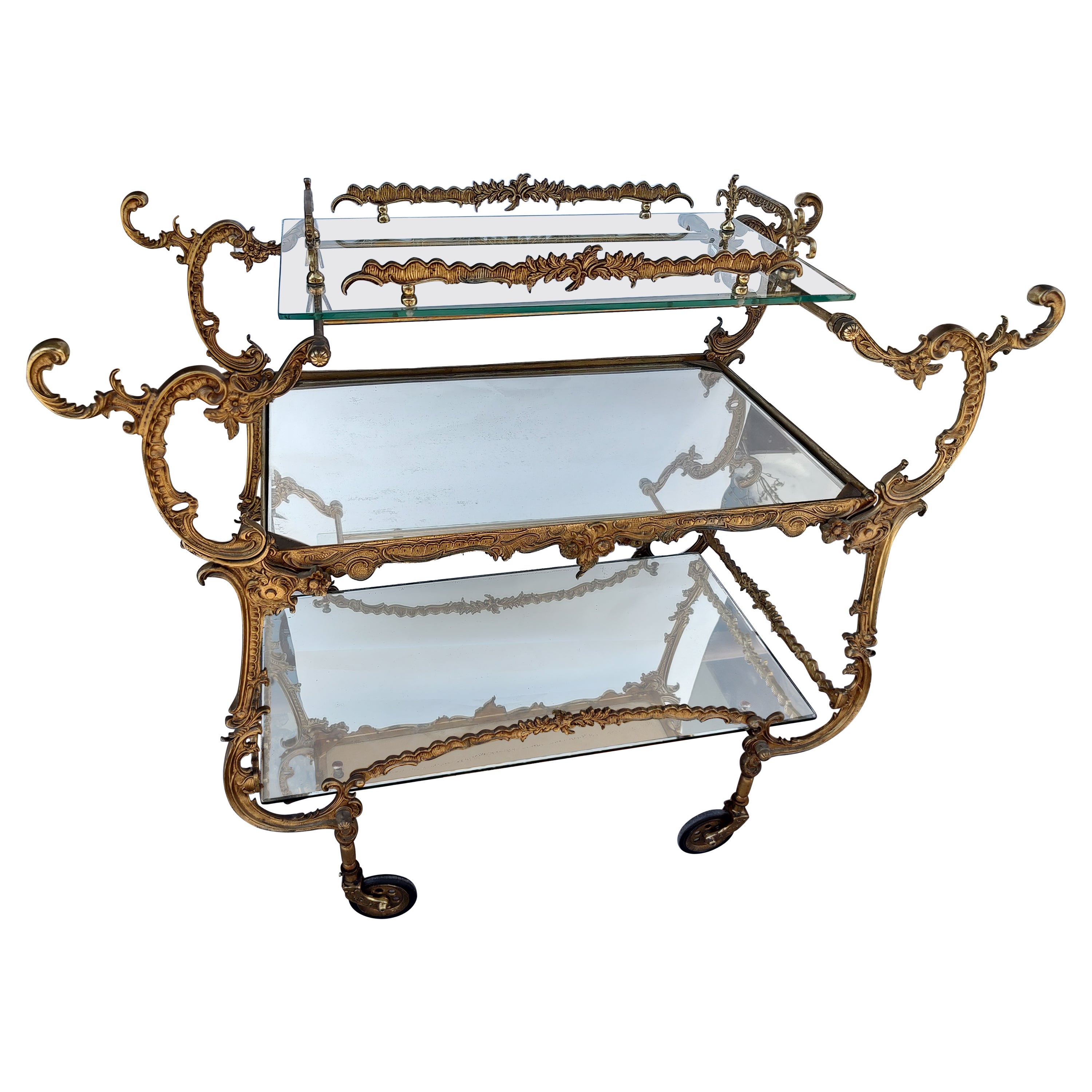 Mid-Century Figural Cast Brass Bar Serving Cart with Lift off Tray