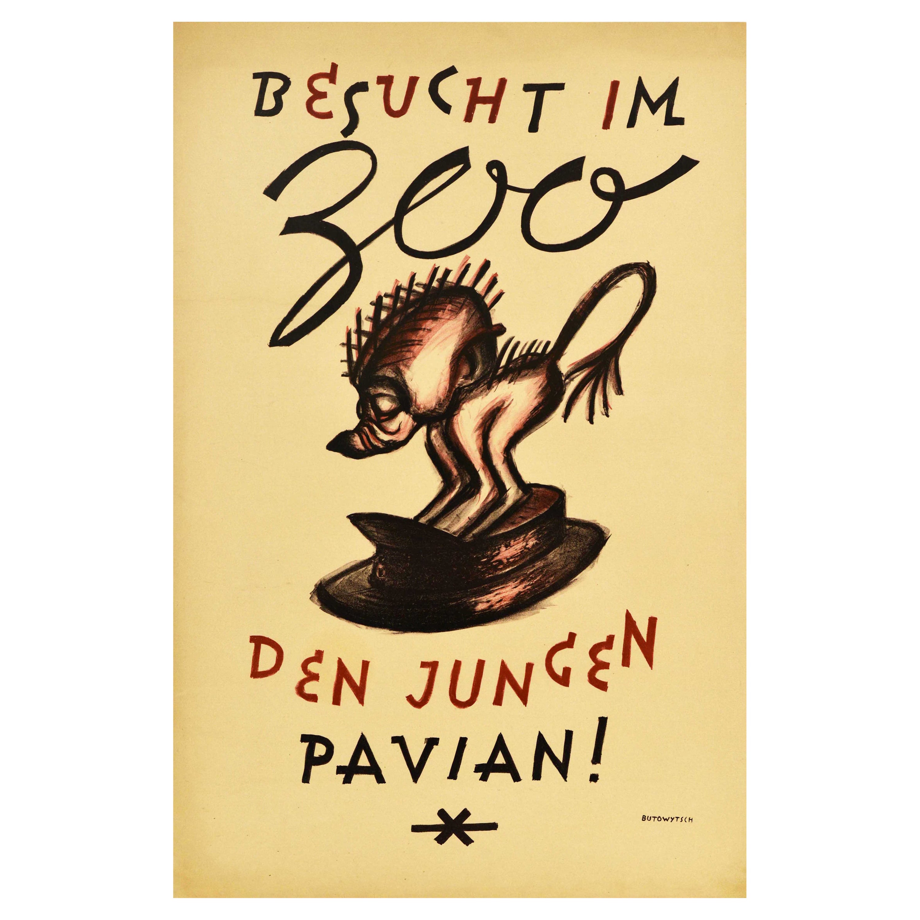 Affiche rétro originale de voyage, Visit Zoo, Jeune Baboon Infant, Pavillon, Allemagne