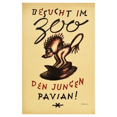 Original Vintage Travel Poster Visit Zoo Young Baboon Infant Pavian Germany Art