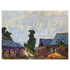 French Impressionist En Plein Air Oil Painting, Farm Yard with Figures