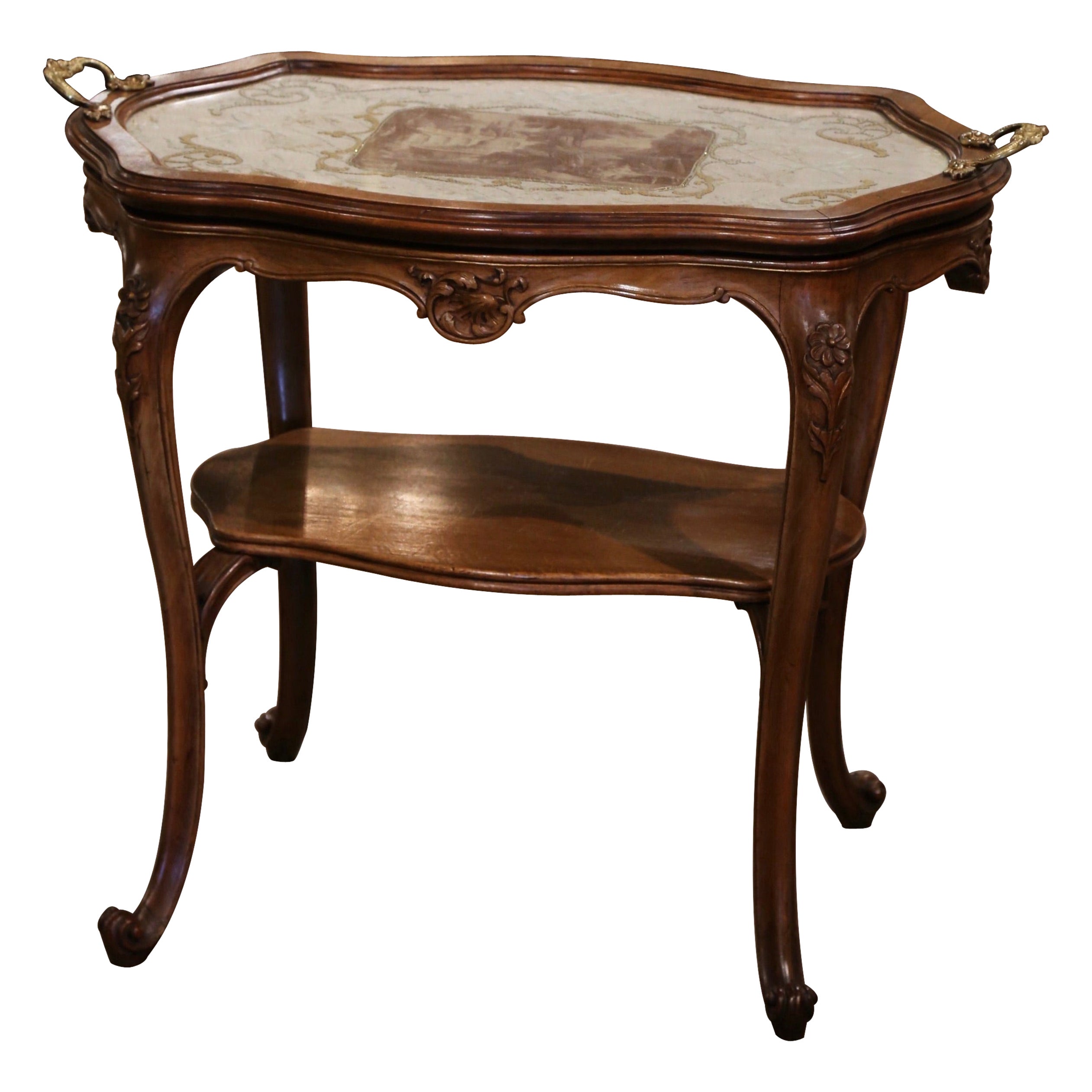 Early 20th Century, French, Louis XV Carved Walnut, Silk and Glass Tea Table For Sale