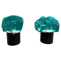 Pair Chiselled Emerald Green Crystal Table Lamps in the Manner of Max Ingrand 