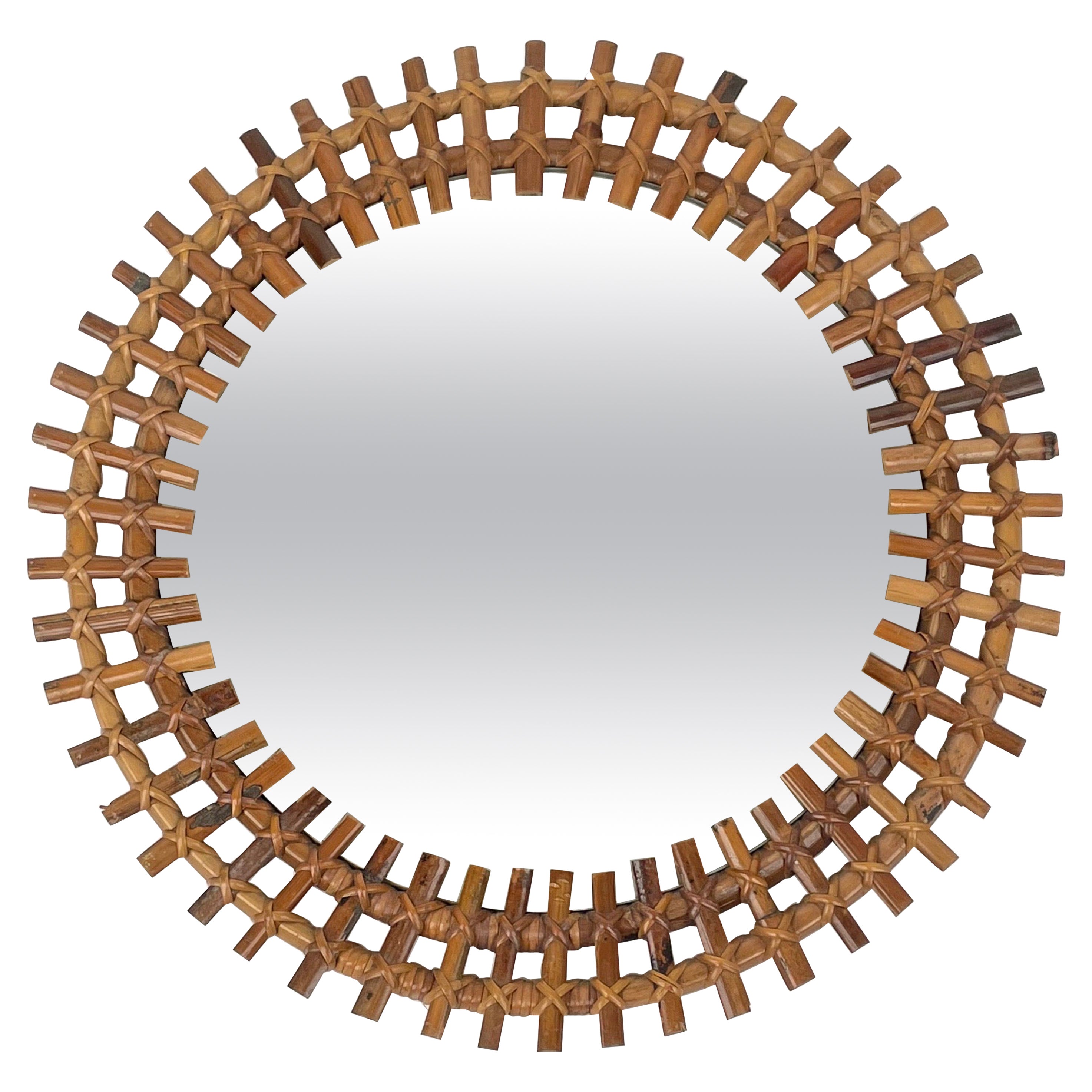 Mid-Century Rattan & Bamboo Sunburst Round Wall Mirror, Italy, 1960s