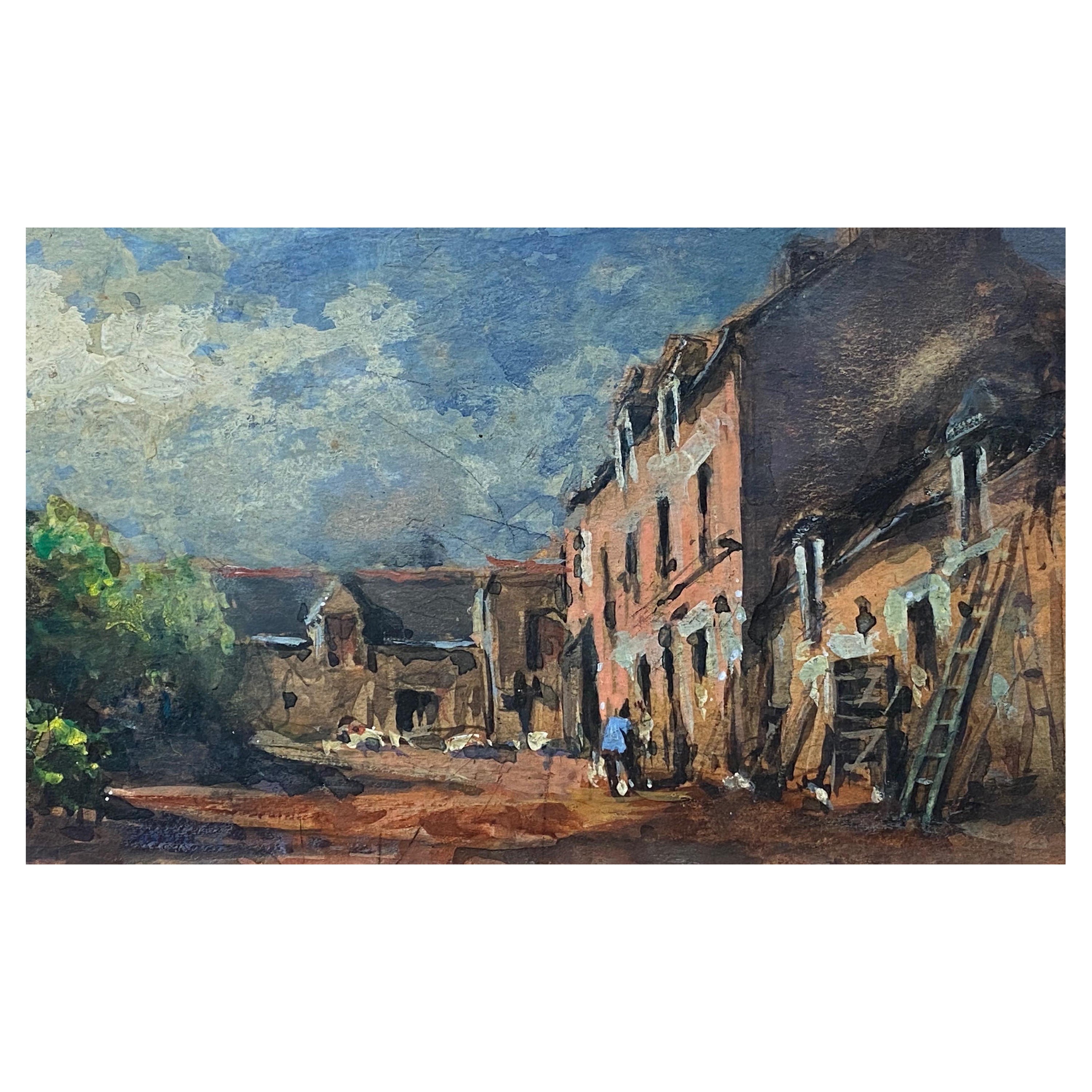 Peinture à l'huile impressionniste française En Plein Air - Scène de village avec personnages en vente