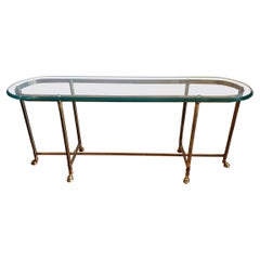 Modern Narrow Brass Sofa Table with Glass Top and Hoof Feet