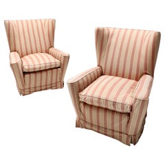 Pair of Vintage Stripe Patterned Fabric Wingback Armchairs by Paolo Buffa, Italy