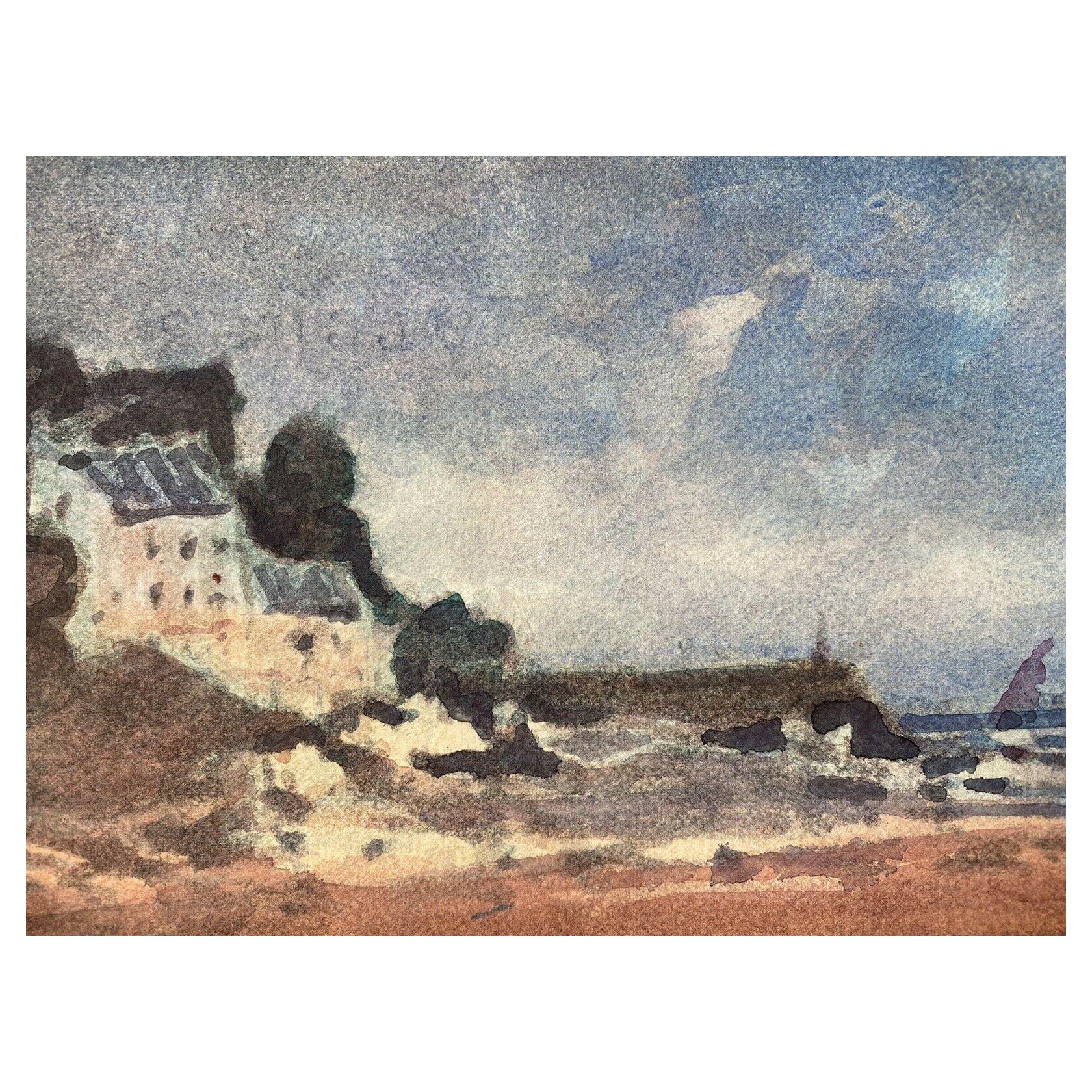 Maurice Mazeilie, French Impressionist Painting, Brittany Town On Coast