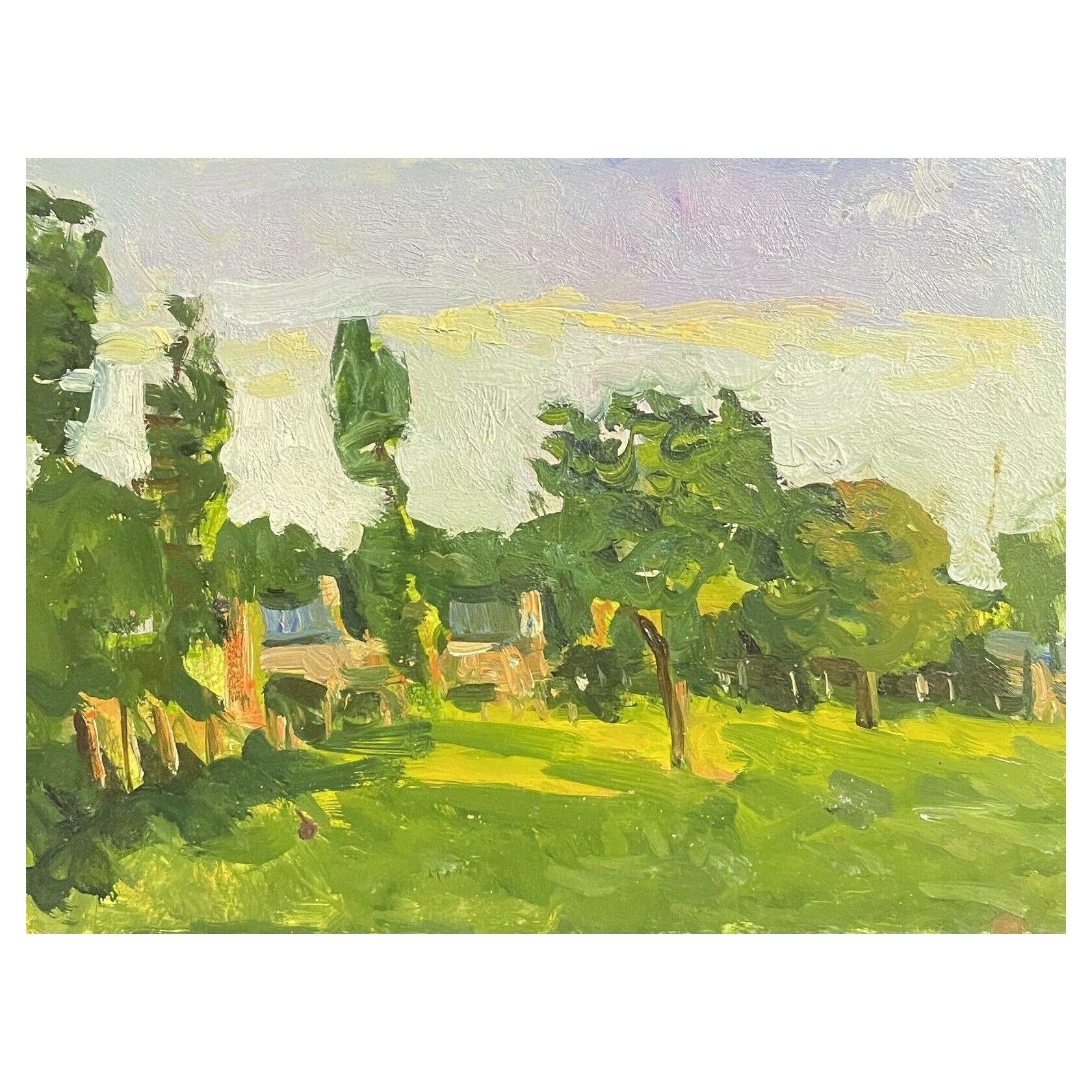 Maurice Mazeilie, peinture impressionniste française à l'huile, Hazy Summer Green Meadow Pastures