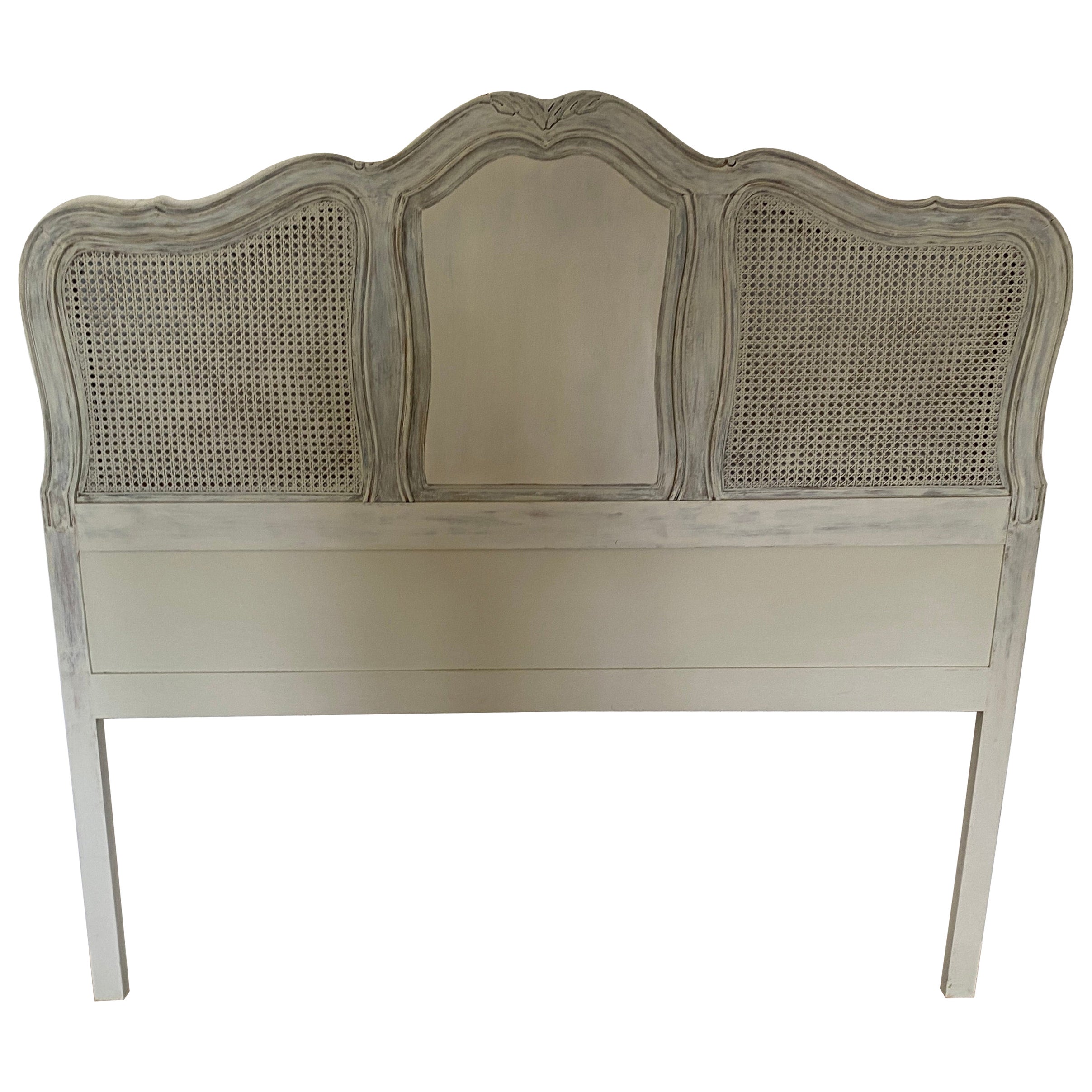 French Provencal Style Queen Painted Caned Headboard For Sale