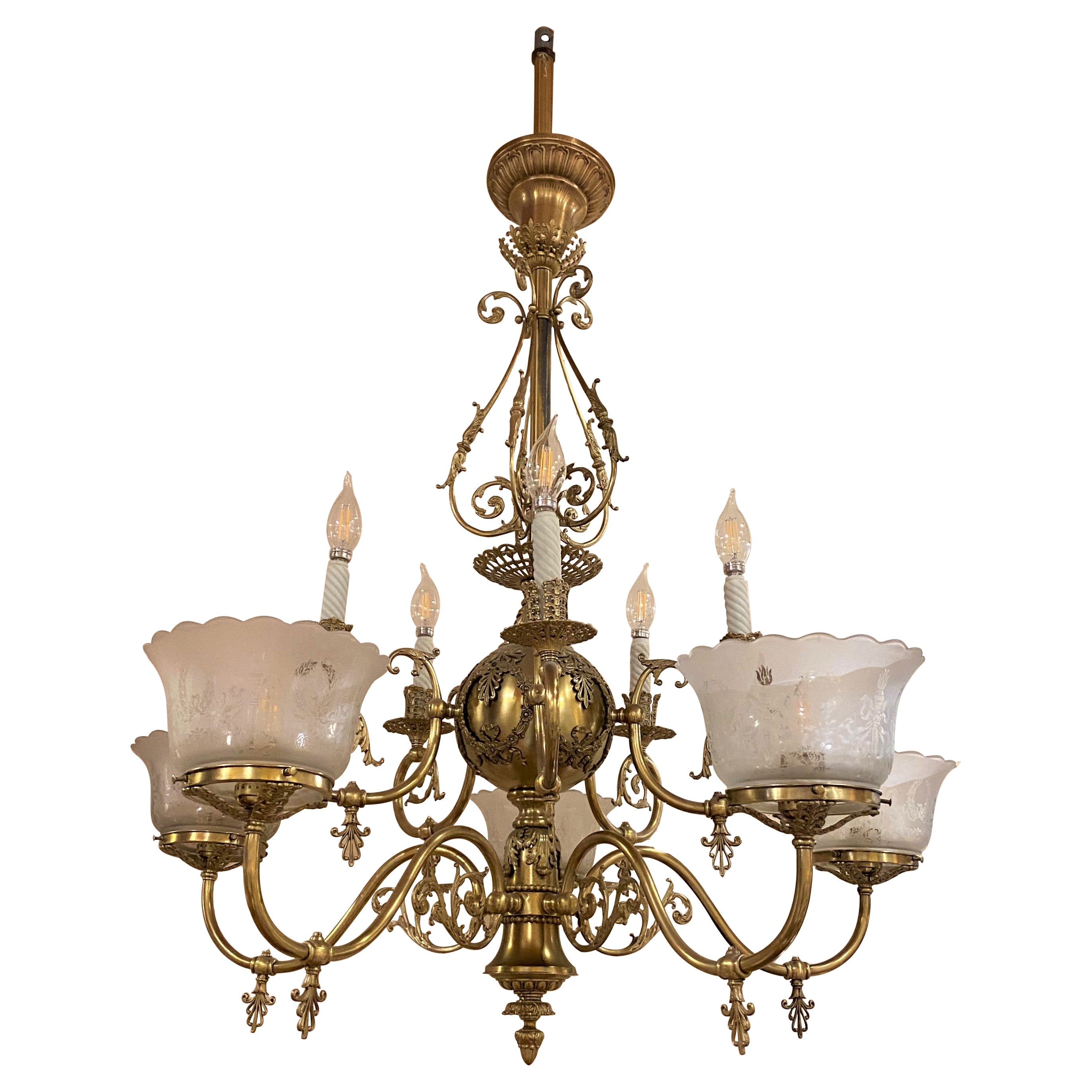 Fine 10-Light Brass Gasolier / Chandelier Electrified with 5 Etched Shades