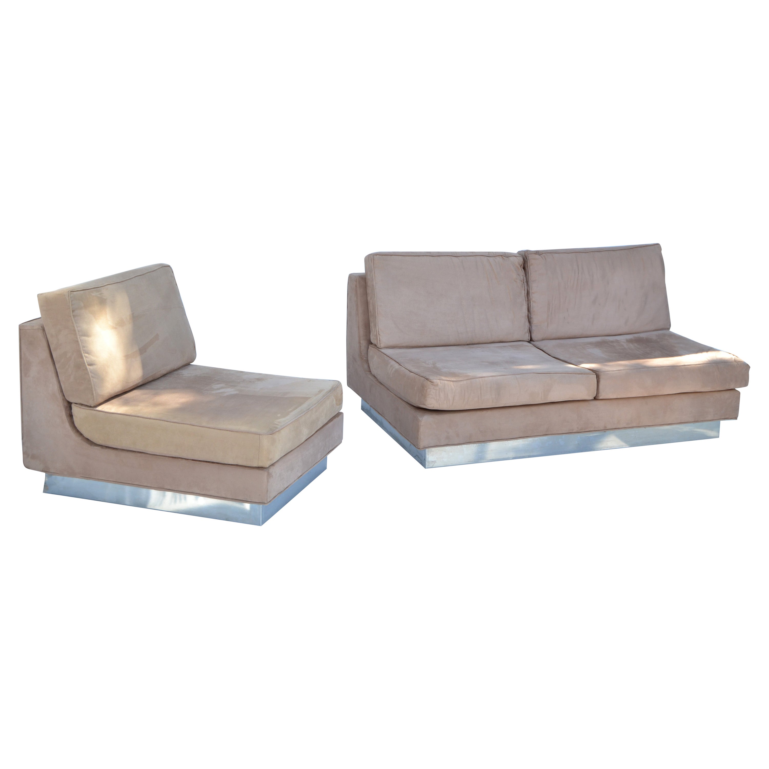 Jacques Charpentier Loveseat & Lounge Chair in Beige Ultrasuede 1970 France For Sale