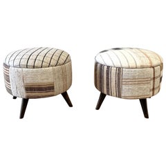 Pair of Custom Round Vintage Turkish Rug Ottomans with Stripes