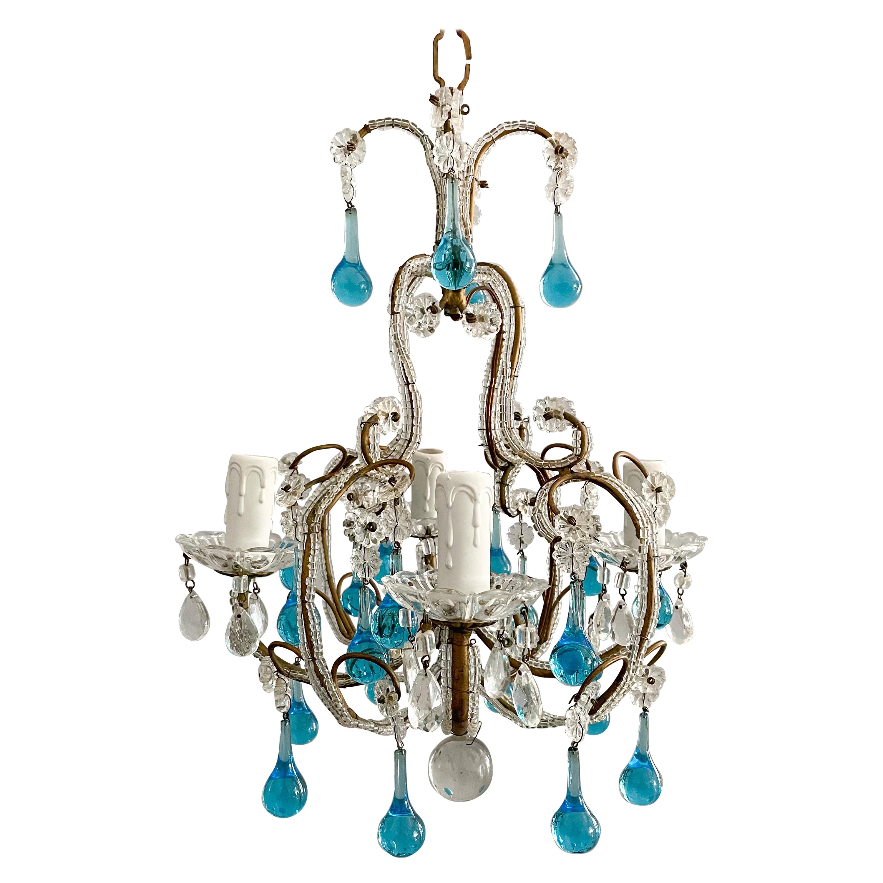 Italian Crystal Chandelier with Blue Drops