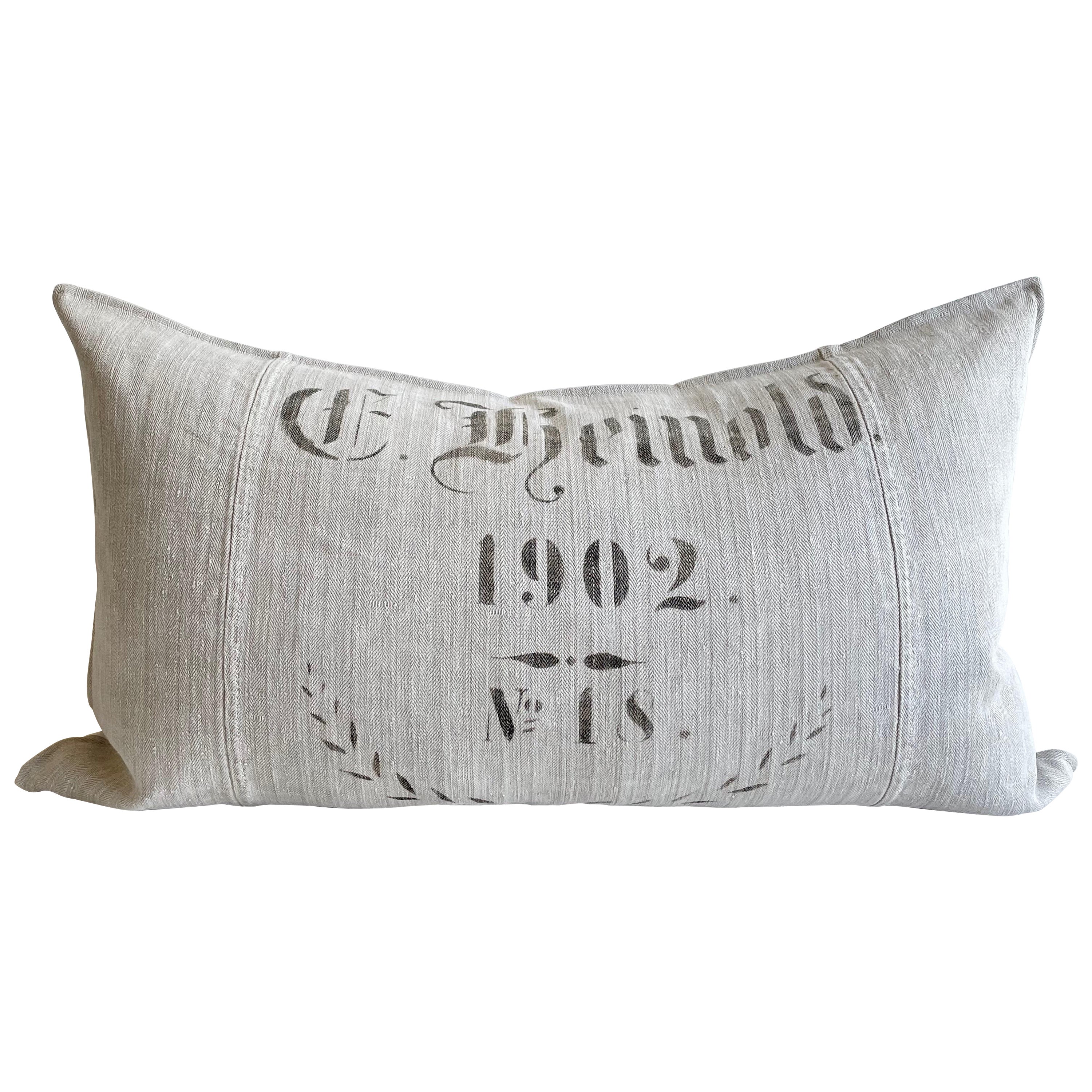 Vintage German Grain Sack Pillow with Insert King Size For Sale