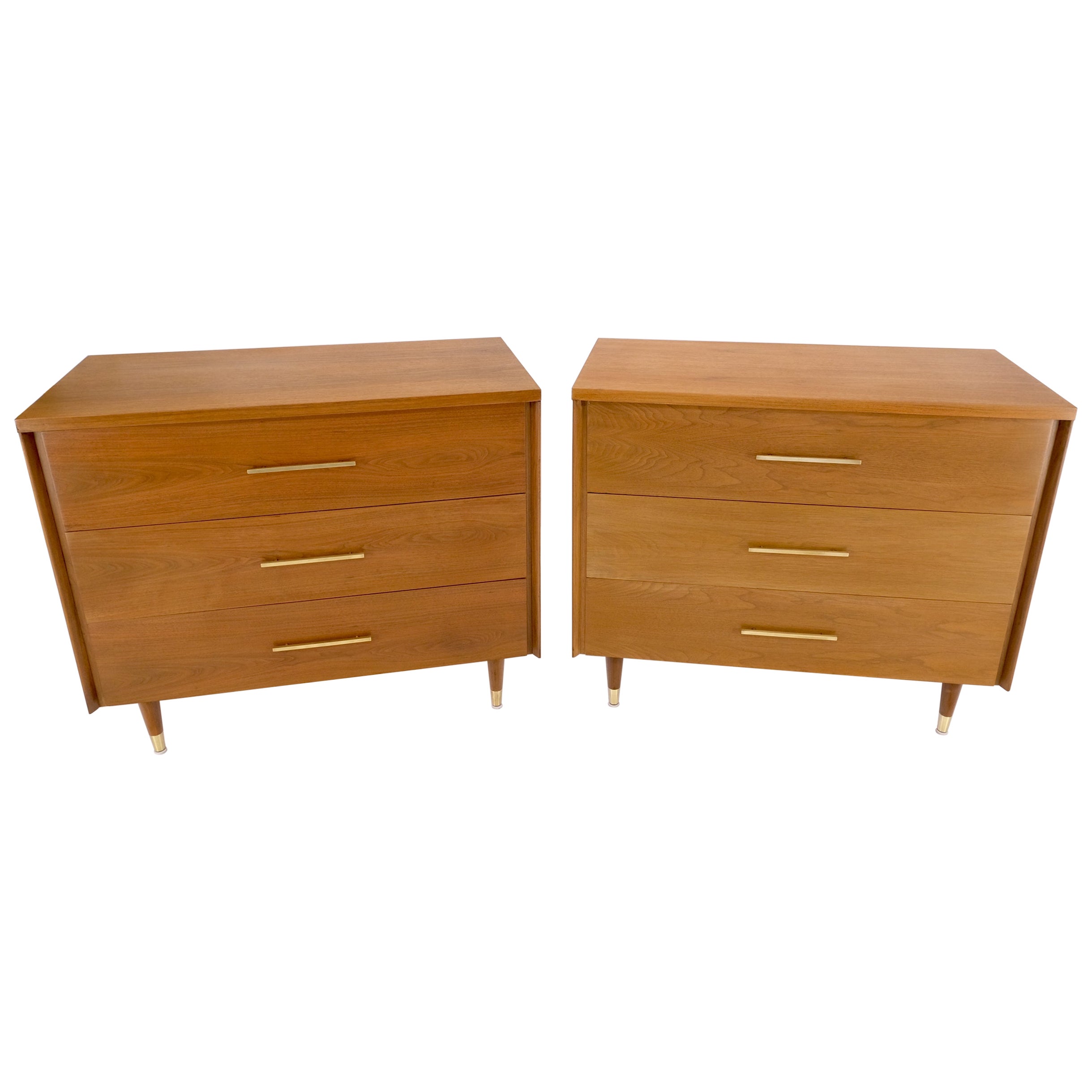 Pair John Stuart Refinished 3 Drawer Bachelor Chests Dressers W/ Long Brass Pull For Sale