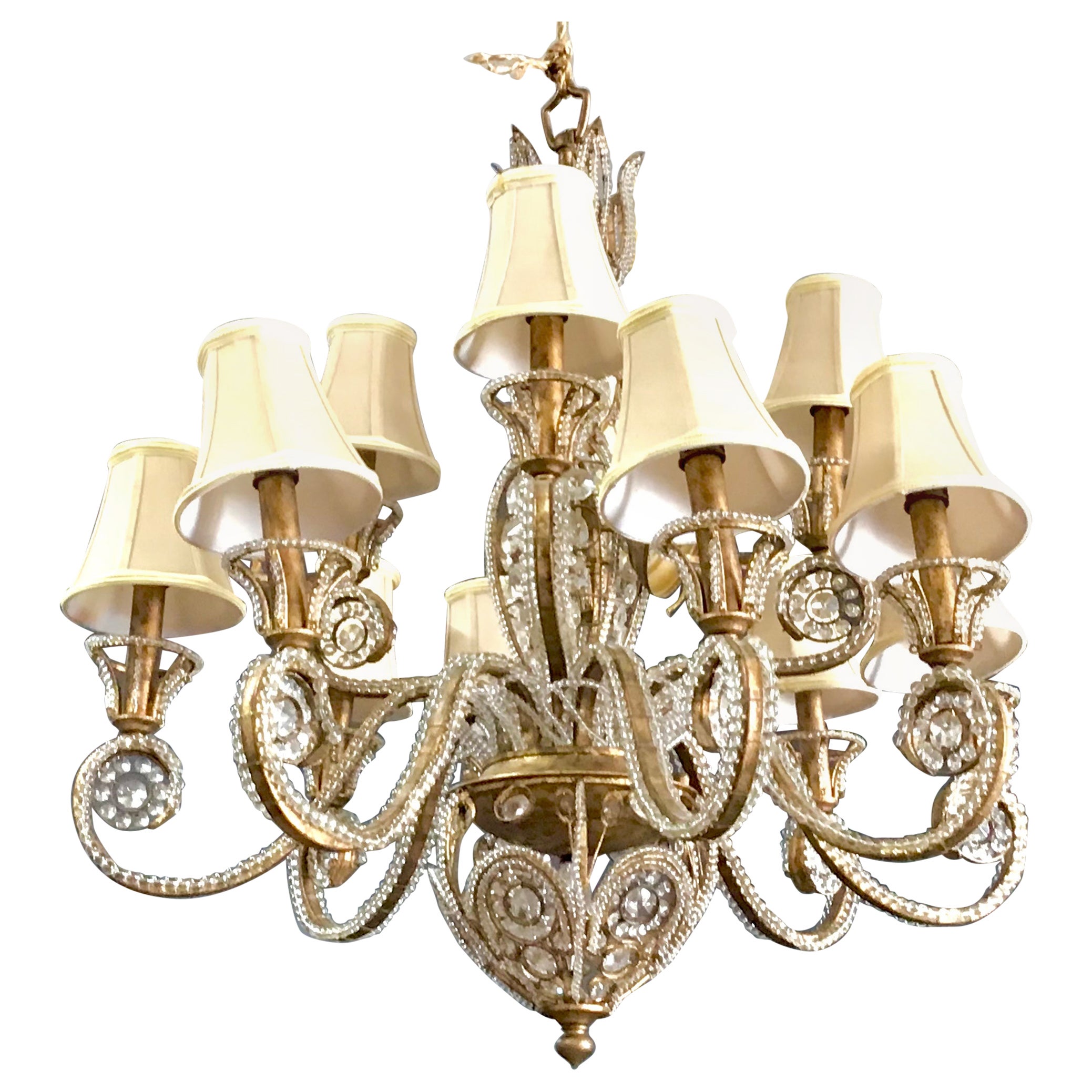 Gilt Iron and Crystal Beaded Chandelier For Sale