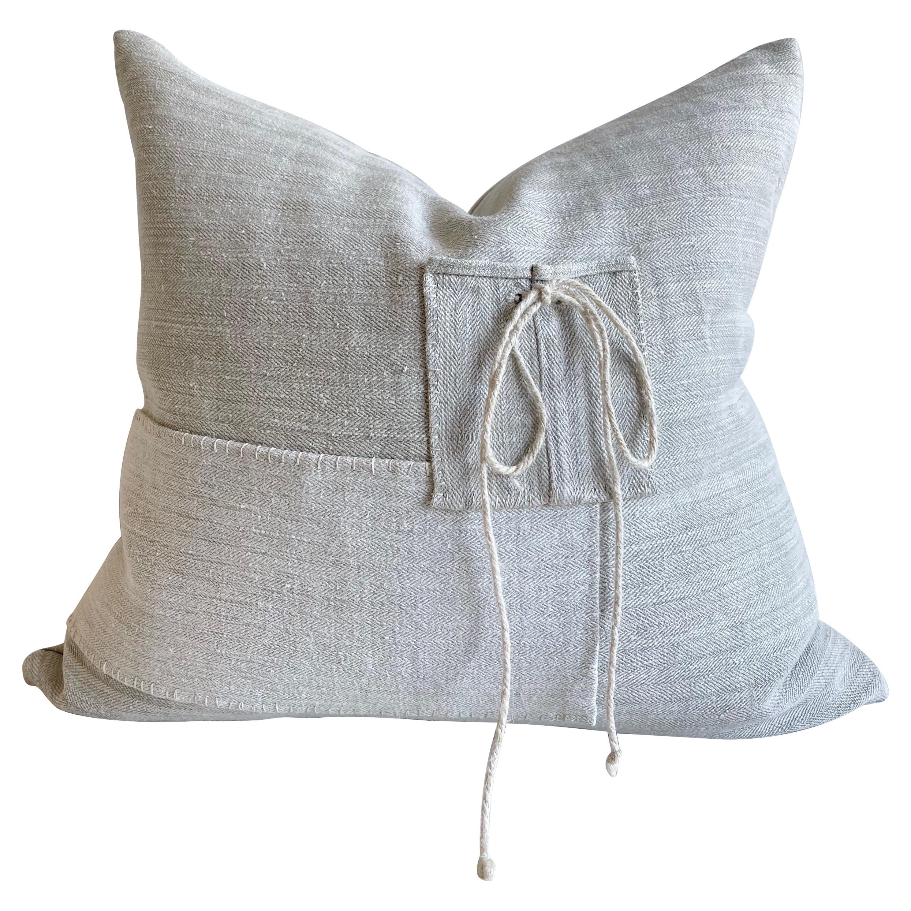 Original Patchwork Grain Sack Pillow with Linen and Down Feather Insert For Sale