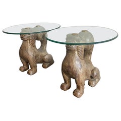 Sarreid Ltd. Carved Wood and Brass Foo Dog End Tables, a Pair